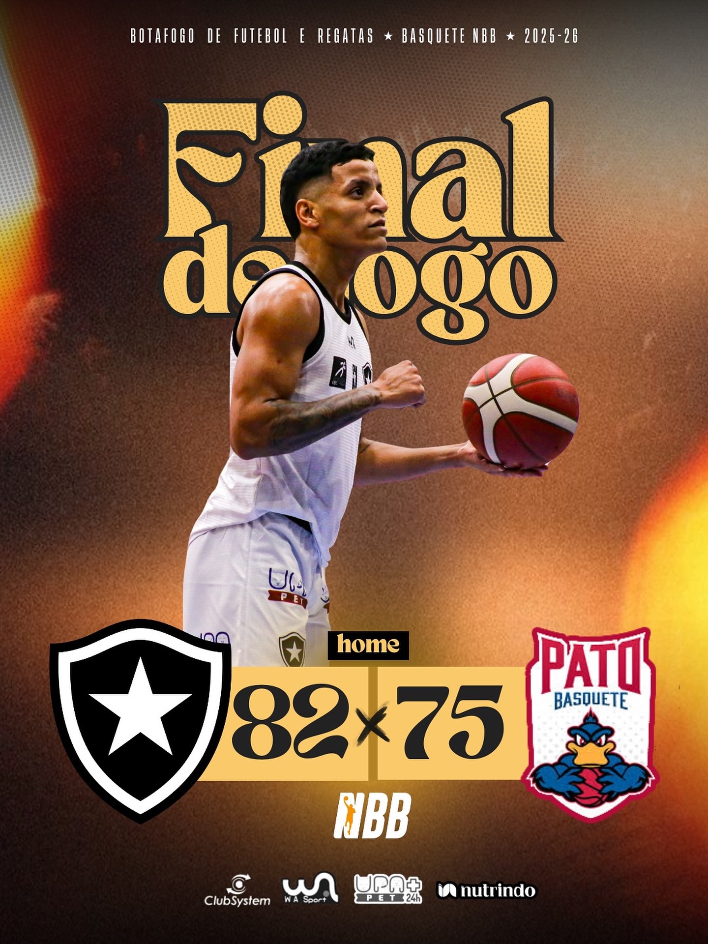 🔥🏀🔥VITÓRIA NO NBB🔥🏀🔥
Com grande atuação do armador Matheusinho, cestinha da partida com 28 pontos, Botafogo vence o Pato Basquete em General Severiano por 82 x 75 e entra na zona de classificação para os playoffs! Vamos Fogo!!!