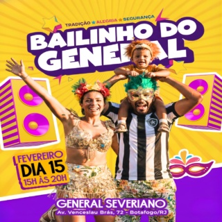 Vendas abertas: LINK NA BIO! 🔥

No domingo de Carnaval (15/02), entre 15h e 20h, dentro do projeto VERÃO EM GENERAL, o melhor programa da família carioca já tem lugar certo: o Bailinho do General.

O baile infantil mais querido da cidade está de volta a General Severiano, ocupando o Deck e o Largo do Deck com muita cor, música e alegria. Um evento pensado para crianças e adultos curtirem juntos, com segurança, conforto e aquele clima de carnaval que todo mundo ama.

Prepare sua fantasia e venha viver uma experiência inesquecível!

Atrações:
- Presença icônica do mascote do Fogão
- Tradicional bandinha de Carnaval com as inesquecíveis marchinhas
- DJ e brindes variados para alegrar as crianças e toda a família
- Comidinhas deliciosas
- Animador botafoguense com assistentes e muita atividades.
- Aquecimento carnavalesco
- Batalha de confetes e serpentinas
- Concurso de fantasias
- Micareta alvinegra para toda a família
- Interatividade com a bandinha de carnaval

Venha brincar o carnaval em General Severiano e criar memórias cheias de música, sorrisos e emoção. Segurança, folia e alegria garantidas.

Serviço:
Data: Domingo de Carnaval, 15/02
Horário: 15h às 20h
Local: General Severiano - Botafogo/RJ
Ingressos: LINK NA BIO

#Botafogo #Carnaval