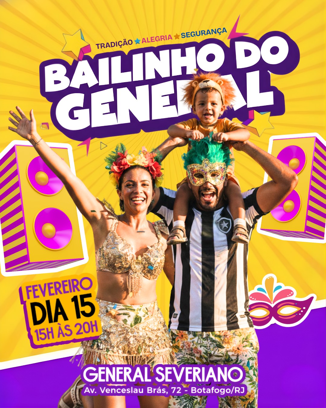 Vendas abertas: LINK NA BIO! 🔥

No domingo de Carnaval (15/02), entre 15h e 20h, dentro do projeto VERÃO EM GENERAL, o melhor programa da família carioca já tem lugar certo: o Bailinho do General.

O baile infantil mais querido da cidade está de volta a General Severiano, ocupando o Deck e o Largo do Deck com muita cor, música e alegria. Um evento pensado para crianças e adultos curtirem juntos, com segurança, conforto e aquele clima de carnaval que todo mundo ama.

Prepare sua fantasia e venha viver uma experiência inesquecível!

Atrações:
- Presença icônica do mascote do Fogão
- Tradicional bandinha de Carnaval com as inesquecíveis marchinhas
- DJ e brindes variados para alegrar as crianças e toda a família
- Comidinhas deliciosas
- Animador botafoguense com assistentes e muita atividades.
- Aquecimento carnavalesco
- Batalha de confetes e serpentinas
- Concurso de fantasias
- Micareta alvinegra para toda a família
- Interatividade com a bandinha de carnaval

Venha brincar o carnaval em General Severiano e criar memórias cheias de música, sorrisos e emoção. Segurança, folia e alegria garantidas.

Serviço:
Data: Domingo de Carnaval, 15/02
Horário: 15h às 20h
Local: General Severiano - Botafogo/RJ
Ingressos: LINK NA BIO

#Botafogo #Carnaval
