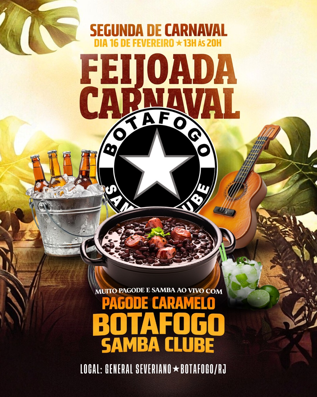 Venha curtir uma tarde de muita alegria, gastronomia e chopp gelado na sede de General Severiano em Botafogo.

Ingressos: LINK NA BIO! 🔥

Com muita música de qualidade, deliciosa feijoada e segurança garantida, você vai aproveitar o melhor do Carnaval da segunda feira.

Programação:
13h: início do evento com DJ 
14h: início do serviço da Feijoada 
15h30 às 17h: Pagode Caramelo
17h às 18h30: DJ
18h30 às 20h: Pagode Caramelo e Bateria show do Botafogo Samba Clube, com mestre sala e porta bandeira, passistas e toda a energia da escola no comando da festa

A festa das festas:
- Feijoada deliciosa para você saborear
- O agito não para com DJ nos intervalos com música dançante 
- E muito samba e alegria tradicional dos eventos de General Severiano!

Ingressos:
R$ 90 (não sócios) com direito e buffet de feijoada livre, show de pagode e samba de qualidade
R$70 (sócios) com direito a buffet de feijoada livre, show de pagode e samba de qualidade.

Bebidas à parte

Av. Venceslau Brás 72 - Botafogo/RJ
Data: Segunda de Carnaval - 16 de fevereiro
Horário: 13h às 20h

Não perca essa oportunidade de celebrar o Carnaval com feijoada de primeira, música de qualidade e total segurança.