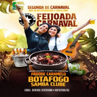 Venha curtir uma tarde de muita alegria, gastronomia e chopp gelado na sede de General Severiano em Botafogo.

Ingressos: LINK NA BIO! 🔥

Com muita música de qualidade, deliciosa feijoada e segurança garantida, você vai aproveitar o melhor do Carnaval da segunda feira.

Programação:
13h: início do evento com DJ
14h: início do serviço da Feijoada
15h30 às 17h: Pagode Caramelo
17h às 18h30: DJ
18h30 às 20h: Pagode Caramelo e Bateria show do Botafogo Samba Clube, com mestre sala e porta bandeira, passistas e toda a energia da escola no comando da festa

A festa das festas:
- Feijoada deliciosa para você saborear
- O agito não para com DJ nos intervalos com música dançante
- E muito samba e alegria tradicional dos eventos de General Severiano!

Ingressos:
R$ 90 (não sócios)
R$70 (sócios)

Com direito e buffet de feijoada livre, show de pagode e samba de qualidade.
Bebidas à parte.

Data: Segunda de Carnaval - 16 de fevereiro
Horário: 13h às 20h
Av. Venceslau Brás 72 - Botafogo/RJ

Não perca essa oportunidade de celebrar o Carnaval com feijoada de primeira, música de qualidade e total segurança.

#Botafogo #Carnaval