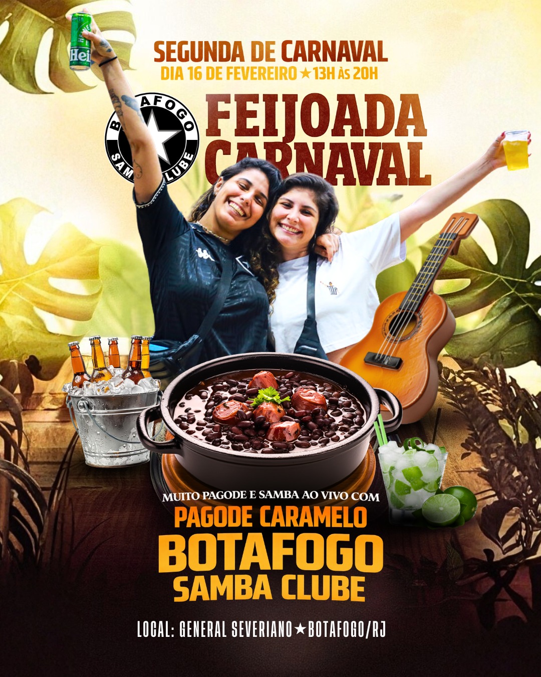 Venha curtir uma tarde de muita alegria, gastronomia e chopp gelado na sede de General Severiano em Botafogo.

Ingressos: LINK NA BIO! 🔥

Com muita música de qualidade, deliciosa feijoada e segurança garantida, você vai aproveitar o melhor do Carnaval da segunda feira.

Programação:
13h: início do evento com DJ
14h: início do serviço da Feijoada
15h30 às 17h: Pagode Caramelo
17h às 18h30: DJ
18h30 às 20h: Pagode Caramelo e Bateria show do Botafogo Samba Clube, com mestre sala e porta bandeira, passistas e toda a energia da escola no comando da festa

A festa das festas:
- Feijoada deliciosa para você saborear
- O agito não para com DJ nos intervalos com música dançante
- E muito samba e alegria tradicional dos eventos de General Severiano!

Ingressos:
R$ 90 (não sócios)
R$70 (sócios)

Com direito e buffet de feijoada livre, show de pagode e samba de qualidade.
Bebidas à parte.

Data: Segunda de Carnaval - 16 de fevereiro
Horário: 13h às 20h
Av. Venceslau Brás 72 - Botafogo/RJ

Não perca essa oportunidade de celebrar o Carnaval com feijoada de primeira, música de qualidade e total segurança.

#Botafogo #Carnaval