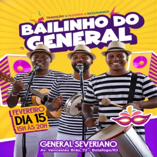 Vendas abertas: LINK NA BIO! 🔥

No domingo de Carnaval (15/02), entre 15h e 20h, dentro do projeto VERÃO EM GENERAL, o melhor programa da família carioca já tem lugar certo: o Bailinho do General.

O baile infantil mais querido da cidade está de volta a General Severiano, ocupando o Deck e o Largo do Deck com muita cor, música e alegria. Um evento pensado para crianças e adultos curtirem juntos, com segurança, conforto e aquele clima de carnaval que todo mundo ama.

Prepare sua fantasia e venha viver uma experiência inesquecível!

Atrações:
- Presença icônica do mascote do Fogão
- Tradicional bandinha de Carnaval com as inesquecíveis marchinhas
- DJ e brindes variados para alegrar as crianças e toda a família
- Comidinhas deliciosas
- Animador botafoguense com assistentes e muita atividades.
- Aquecimento carnavalesco
- Batalha de confetes e serpentinas
- Concurso de fantasias
- Micareta alvinegra para toda a família
- Interatividade com a bandinha de carnaval

Venha brincar o carnaval em General Severiano e criar memórias cheias de música, sorrisos e emoção. Segurança, folia e alegria garantidas.

Serviço:
Data: Domingo de Carnaval, 15/02
Horário: 15h às 20h
Local: General Severiano - Botafogo/RJ
Ingressos: LINK NA BIO

#Botafogo #Carnaval