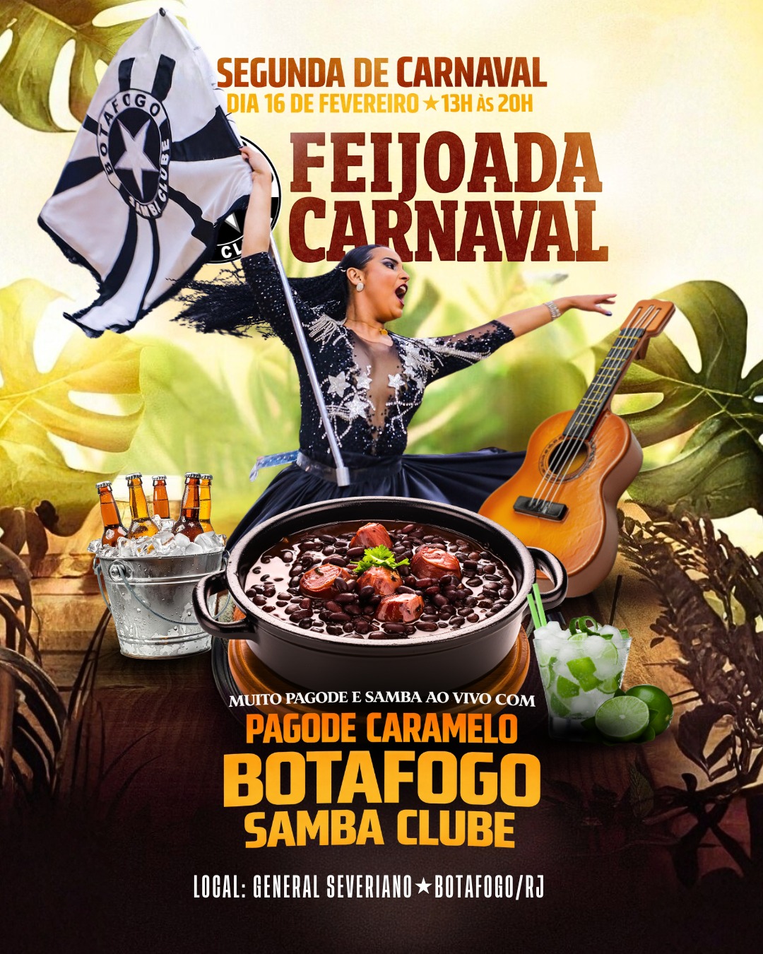 Venha curtir uma tarde de muita alegria, gastronomia e chopp gelado na sede de General Severiano em Botafogo.

Ingressos: LINK NA BIO! 🔥

Com muita música de qualidade, deliciosa feijoada e segurança garantida, você vai aproveitar o melhor do Carnaval da segunda feira.

Programação:
13h: início do evento com DJ
14h: início do serviço da Feijoada
15h30 às 17h: Pagode Caramelo
17h às 18h30: DJ
18h30 às 20h: Pagode Caramelo e Bateria show do Botafogo Samba Clube, com mestre sala e porta bandeira, passistas e toda a energia da escola no comando da festa

A festa das festas:
- Feijoada deliciosa para você saborear
- O agito não para com DJ nos intervalos com música dançante
- E muito samba e alegria tradicional dos eventos de General Severiano!

Ingressos:
R$ 90 (não sócios)
R$70 (sócios)

Com direito e buffet de feijoada livre, show de pagode e samba de qualidade.
Bebidas à parte.

Data: Segunda de Carnaval - 16 de fevereiro
Horário: 13h às 20h
Av. Venceslau Brás 72 - Botafogo/RJ

Não perca essa oportunidade de celebrar o Carnaval com feijoada de primeira, música de qualidade e total segurança.

#Botafogo #Carnaval
