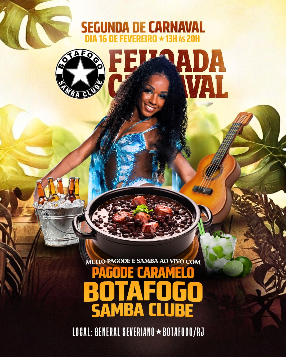 Venha curtir uma tarde de muita alegria, gastronomia e chopp gelado na sede de General Severiano em Botafogo.

Ingressos: LINK NA BIO! 🔥

Com muita música de qualidade, deliciosa feijoada e segurança garantida, você vai aproveitar o melhor do Carnaval da segunda feira.

Programação:
13h: início do evento com DJ
14h: início do serviço da Feijoada
15h30 às 17h: Pagode Caramelo
17h às 18h30: DJ
18h30 às 20h: Pagode Caramelo e Bateria show do Botafogo Samba Clube, com mestre sala e porta bandeira, passistas e toda a energia da escola no comando da festa

A festa das festas:
- Feijoada deliciosa para você saborear
- O agito não para com DJ nos intervalos com música dançante
- E muito samba e alegria tradicional dos eventos de General Severiano!

Ingressos:
R$ 90 (não sócios)
R$70 (sócios)

Com direito e buffet de feijoada livre, show de pagode e samba de qualidade.
Bebidas à parte.

Data: Segunda de Carnaval - 16 de fevereiro
Horário: 13h às 20h
Av. Venceslau Brás 72 - Botafogo/RJ

Não perca essa oportunidade de celebrar o Carnaval com feijoada de primeira, música de qualidade e total segurança.

#Botafogo #Carnaval