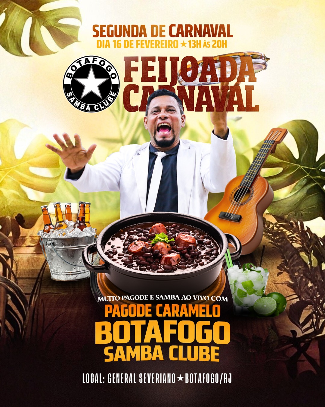 Venha curtir uma tarde de muita alegria, gastronomia e chopp gelado na sede de General Severiano em Botafogo.

Ingressos: LINK NA BIO! 🔥

Com muita música de qualidade, deliciosa feijoada e segurança garantida, você vai aproveitar o melhor do Carnaval da segunda feira.

Programação:
13h: início do evento com DJ
14h: início do serviço da Feijoada
15h30 às 17h: Pagode Caramelo
17h às 18h30: DJ
18h30 às 20h: Pagode Caramelo e Bateria show do Botafogo Samba Clube, com mestre sala e porta bandeira, passistas e toda a energia da escola no comando da festa

A festa das festas:
- Feijoada deliciosa para você saborear
- O agito não para com DJ nos intervalos com música dançante
- E muito samba e alegria tradicional dos eventos de General Severiano!

Ingressos:
R$ 90 (não sócios)
R$70 (sócios)

Com direito e buffet de feijoada livre, show de pagode e samba de qualidade.
Bebidas à parte.

Data: Segunda de Carnaval - 16 de fevereiro
Horário: 13h às 20h
Av. Venceslau Brás 72 - Botafogo/RJ

Não perca essa oportunidade de celebrar o Carnaval com feijoada de primeira, música de qualidade e total segurança.

#Botafogo #Carnaval