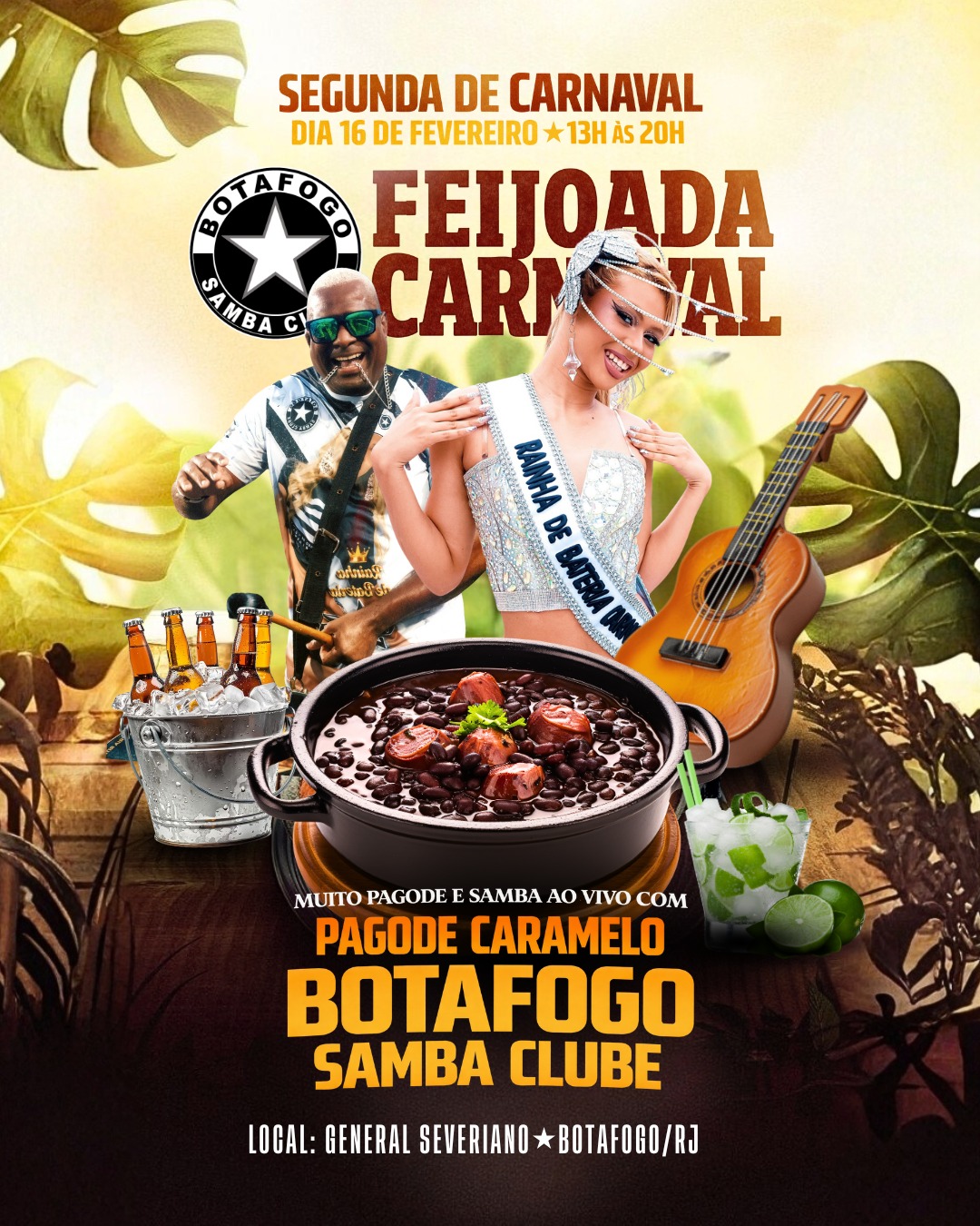 Venha curtir uma tarde de muita alegria, gastronomia e chopp gelado na sede de General Severiano em Botafogo.

Ingressos: LINK NA BIO! 🔥

Com muita música de qualidade, deliciosa feijoada e segurança garantida, você vai aproveitar o melhor do Carnaval da segunda feira.

Programação:
13h: início do evento com DJ
14h: início do serviço da Feijoada
15h30 às 17h: Pagode Caramelo
17h às 18h30: DJ
18h30 às 20h: Pagode Caramelo e Bateria show do Botafogo Samba Clube, com mestre sala e porta bandeira, passistas e toda a energia da escola no comando da festa

A festa das festas:
- Feijoada deliciosa para você saborear
- O agito não para com DJ nos intervalos com música dançante
- E muito samba e alegria tradicional dos eventos de General Severiano!

Ingressos:
R$ 90 (não sócios)
R$70 (sócios)

Com direito e buffet de feijoada livre, show de pagode e samba de qualidade.
Bebidas à parte.

Data: Segunda de Carnaval - 16 de fevereiro
Horário: 13h às 20h
Av. Venceslau Brás 72 - Botafogo/RJ

Não perca essa oportunidade de celebrar o Carnaval com feijoada de primeira, música de qualidade e total segurança.

#Botafogo #Carnaval