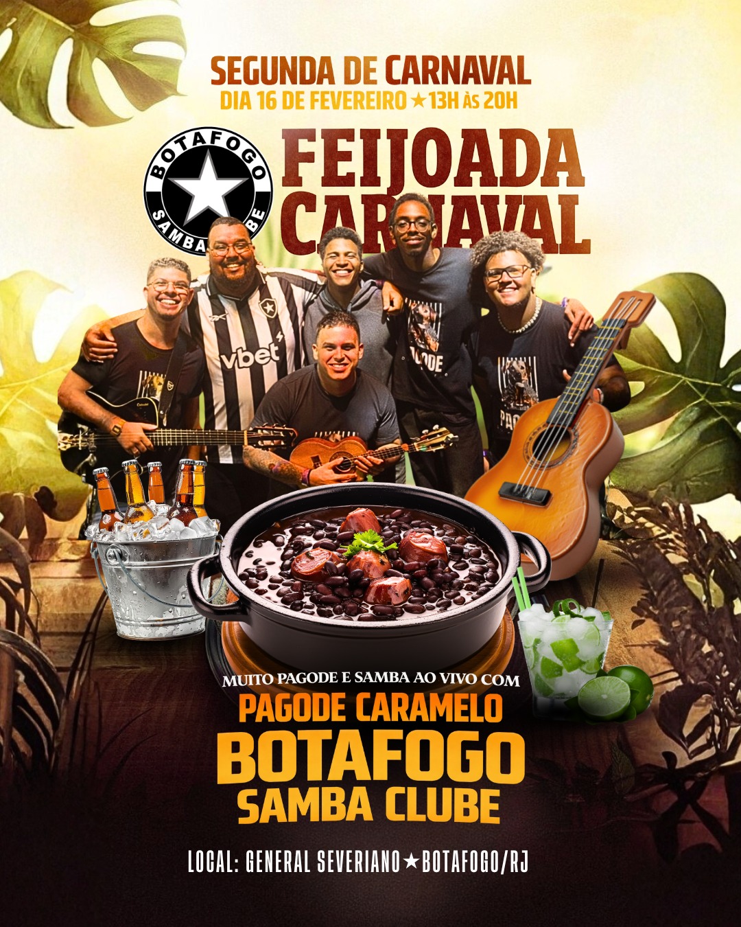 Venha curtir uma tarde de muita alegria, gastronomia e chopp gelado na sede de General Severiano em Botafogo.

Ingressos: LINK NA BIO! 🔥

Com muita música de qualidade, deliciosa feijoada e segurança garantida, você vai aproveitar o melhor do Carnaval da segunda feira.

Programação:
13h: início do evento com DJ
14h: início do serviço da Feijoada
15h30 às 17h: Pagode Caramelo
17h às 18h30: DJ
18h30 às 20h: Pagode Caramelo e Bateria show do Botafogo Samba Clube, com mestre sala e porta bandeira, passistas e toda a energia da escola no comando da festa

A festa das festas:
- Feijoada deliciosa para você saborear
- O agito não para com DJ nos intervalos com música dançante
- E muito samba e alegria tradicional dos eventos de General Severiano!

Ingressos:
R$ 90 (não sócios)
R$70 (sócios)

Com direito e buffet de feijoada livre, show de pagode e samba de qualidade.
Bebidas à parte.

Data: Segunda de Carnaval - 16 de fevereiro
Horário: 13h às 20h
Av. Venceslau Brás 72 - Botafogo/RJ

Não perca essa oportunidade de celebrar o Carnaval com feijoada de primeira, música de qualidade e total segurança.

#Botafogo #Carnaval