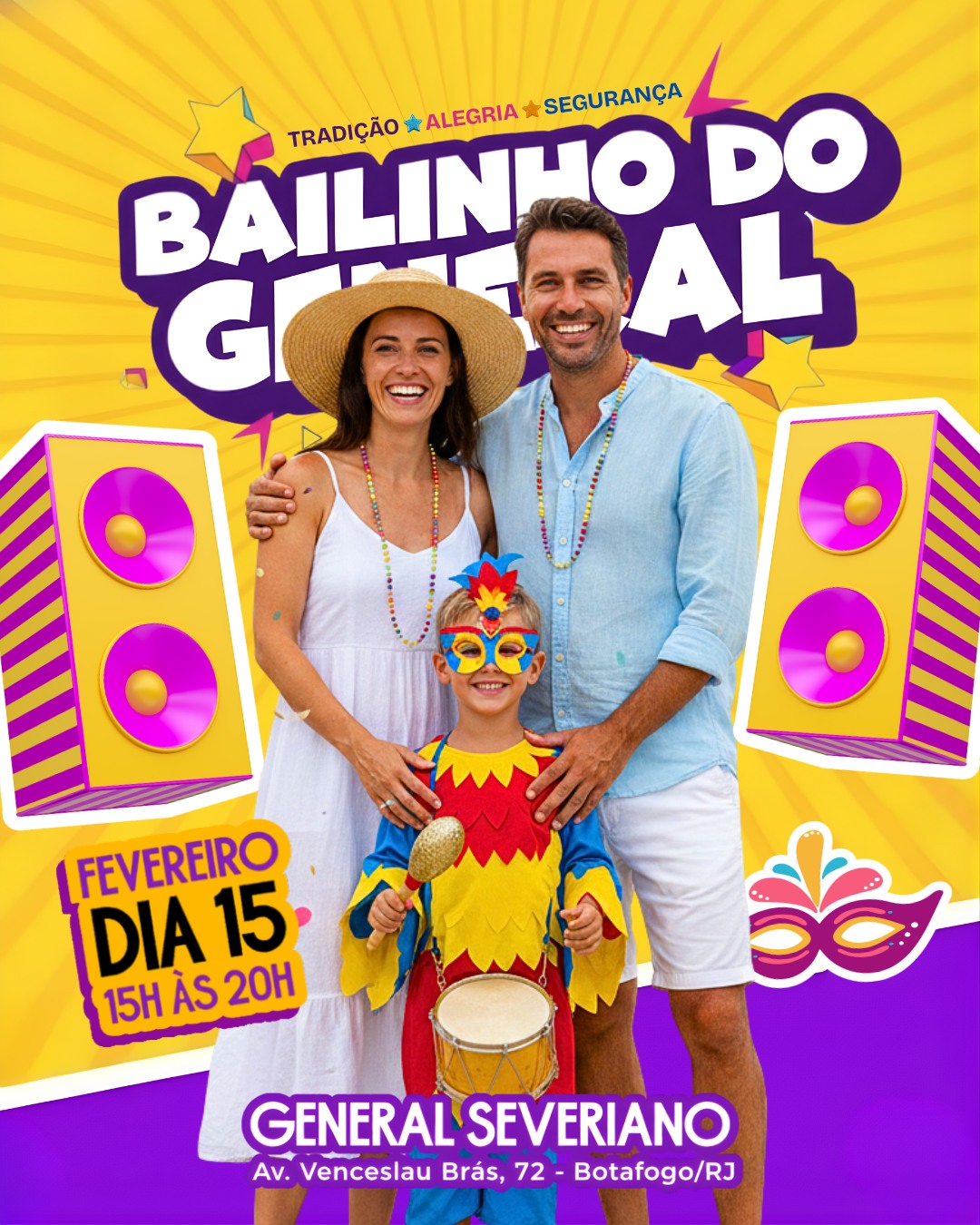 Vendas abertas: LINK NA BIO! 🔥

No domingo de Carnaval (15/02), entre 15h e 20h, dentro do projeto VERÃO EM GENERAL, o melhor programa da família carioca já tem lugar certo: o Bailinho do General.

O baile infantil mais querido da cidade está de volta a General Severiano, ocupando o Deck e o Largo do Deck com muita cor, música e alegria. Um evento pensado para crianças e adultos curtirem juntos, com segurança, conforto e aquele clima de carnaval que todo mundo ama.

Prepare sua fantasia e venha viver uma experiência inesquecível!

Atrações:
- Presença icônica do mascote do Fogão
- Tradicional bandinha de Carnaval com as inesquecíveis marchinhas
- DJ e brindes variados para alegrar as crianças e toda a família
- Comidinhas deliciosas
- Animador botafoguense com assistentes e muita atividades.
- Aquecimento carnavalesco
- Batalha de confetes e serpentinas
- Concurso de fantasias
- Micareta alvinegra para toda a família
- Interatividade com a bandinha de carnaval

Venha brincar o carnaval em General Severiano e criar memórias cheias de música, sorrisos e emoção. Segurança, folia e alegria garantidas.

Serviço:
Data: Domingo de Carnaval, 15/02
Horário: 15h às 20h
Local: General Severiano - Botafogo/RJ
Ingressos: LINK NA BIO

#Botafogo #Carnaval