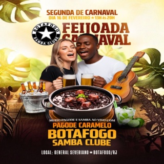 Segunda-feira de Carnaval! Venha curtir uma tarde de muita alegria, gastronomia e chopp gelado na sede de General Severiano em Botafogo.
Ingressos: LINK NA BIO! 🔥
Com muita música de qualidade, deliciosa feijoada e segurança garantida, você vai aproveitar o melhor do Carnaval da segunda feira.
Programação:
13h: início do evento com DJ
14h: início do serviço da Feijoada
15h30 às 17h: Pagode Caramelo
17h às 18h30: DJ
18h30 às 20h: Pagode Caramelo e Bateria show do Botafogo Samba Clube, com mestre sala e porta bandeira, passistas e toda a energia da escola no comando da festa
A festa das festas:
- Feijoada deliciosa para você saborear
- O agito não para com DJ nos intervalos com música dançante
- E muito samba e alegria tradicional dos eventos de General Severiano!
Ingressos:
R$ 90 (não sócios)
R$70 (sócios)
Com direito e buffet de feijoada livre, show de pagode e samba de qualidade.
Bebidas à parte.
Data: Segunda de Carnaval - 16 de fevereiro
Horário: 13h às 20h
Av. Venceslau Brás 72 - Botafogo/RJ
Não perca essa oportunidade de celebrar o Carnaval com feijoada de primeira, música de qualidade e total segurança.
#Botafogo #Carnaval