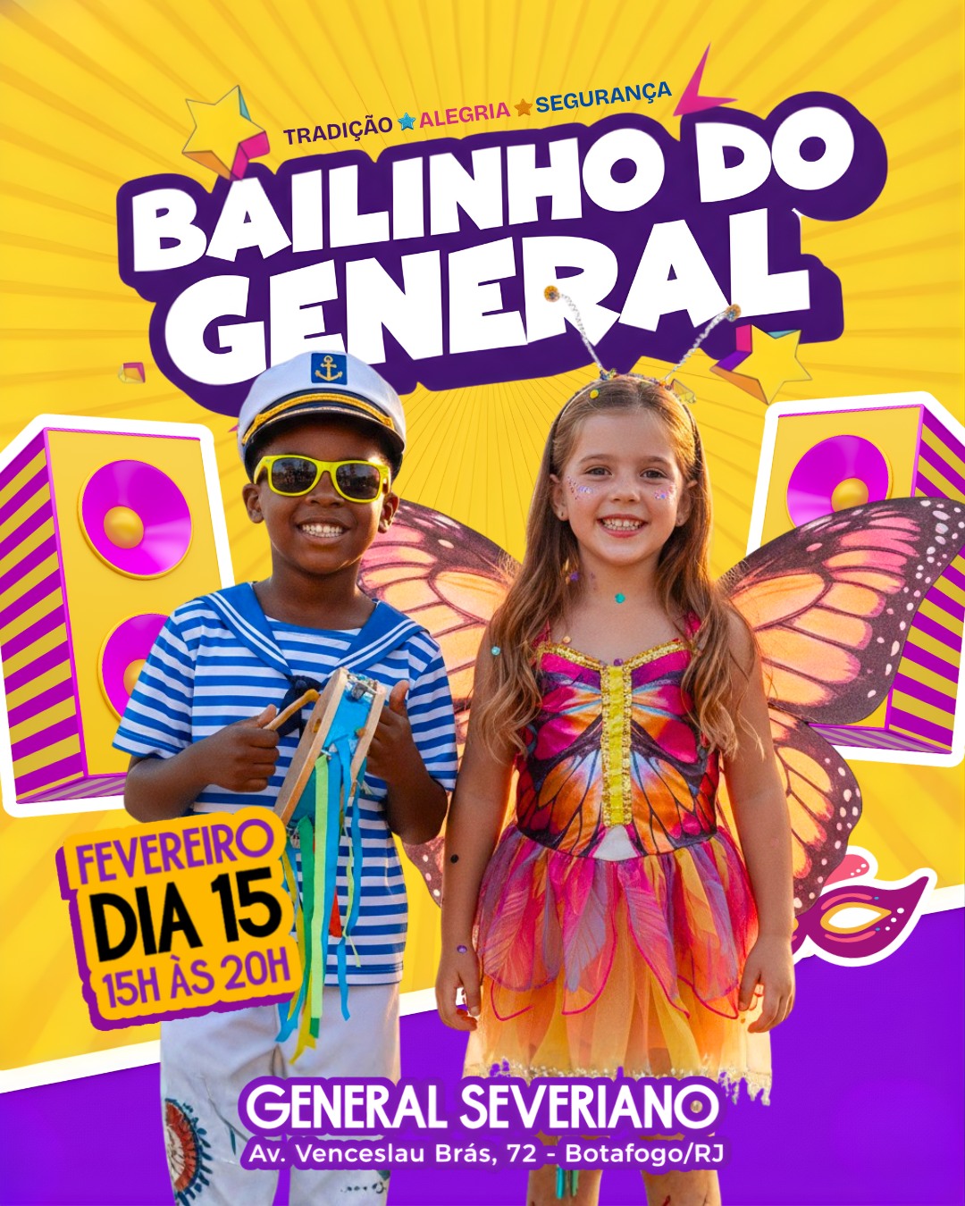 Vendas abertas: LINK NA BIO! 🔥
No domingo de Carnaval (15/02), entre 15h e 20h, dentro do projeto VERÃO EM GENERAL, o melhor programa da família carioca já tem lugar certo: o Bailinho do General.
O baile infantil mais querido da cidade está de volta a General Severiano, ocupando o Deck e o Largo do Deck com muita cor, música e alegria. Um evento pensado para crianças e adultos curtirem juntos, com segurança, conforto e aquele clima de carnaval que todo mundo ama.
Prepare sua fantasia e venha viver uma experiência inesquecível!
Atrações:
- Presença icônica do mascote do Fogão
- Tradicional bandinha de Carnaval com as inesquecíveis marchinhas
- DJ e brindes variados para alegrar as crianças e toda a família
- Comidinhas deliciosas
- Animador botafoguense com assistentes e muita atividades.
- Aquecimento carnavalesco
- Batalha de confetes e serpentinas
- Concurso de fantasias
- Micareta alvinegra para toda a família
- Interatividade com a bandinha de carnaval
Venha brincar o carnaval em General Severiano e criar memórias cheias de música, sorrisos e emoção. Segurança, folia e alegria garantidas.
Serviço:
Data: Domingo de Carnaval, 15/02
Horário: 15h às 20h
Local: General Severiano - Botafogo/RJ
Ingressos: LINK NA BIO
#Botafogo #Carnaval