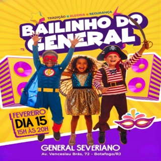 Vendas abertas: LINK NA BIO! 🔥

No domingo de Carnaval (15/02), entre 15h e 20h, dentro do projeto VERÃO EM GENERAL, o melhor programa da família carioca já tem lugar certo: o Bailinho do General.

O baile infantil mais querido da cidade está de volta a General Severiano, ocupando o Deck e o Largo do Deck com muita cor, música e alegria. Um evento pensado para crianças e adultos curtirem juntos, com segurança, conforto e aquele clima de carnaval que todo mundo ama.

Prepare sua fantasia e venha viver uma experiência inesquecível!

Atrações:
- Presença icônica do mascote do Fogão
- Tradicional bandinha de Carnaval com as inesquecíveis marchinhas
- DJ e brindes variados para alegrar as crianças e toda a família
- Comidinhas deliciosas
- Animador botafoguense com assistentes e muita atividades.
- Aquecimento carnavalesco
- Batalha de confetes e serpentinas
- Concurso de fantasias
- Micareta alvinegra para toda a família
- Interatividade com a bandinha de carnaval

Venha brincar o carnaval em General Severiano e criar memórias cheias de música, sorrisos e emoção. Segurança, folia e alegria garantidas.

Serviço:
Data: Domingo de Carnaval, 15/02
Horário: 15h às 20h
Local: General Severiano - Botafogo/RJ
Ingressos: LINK NA BIO

#Botafogo #Carnaval
