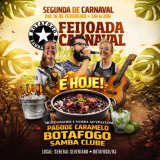 ÚLTIMOS INGRESSOS!
Venha curtir uma tarde de muita alegria, gastronomia e chopp gelado na sede de General Severiano em Botafogo.
Ingressos: LINK NA BIO! 🔥
Com muita música de qualidade, deliciosa feijoada e segurança garantida, você vai aproveitar o melhor do Carnaval da segunda feira.
Programação:
13h: início do evento com DJ
14h: início do serviço da Feijoada
15h30 às 17h: Pagode Caramelo
17h às 18h30: DJ
18h30 às 20h: Pagode Caramelo e Bateria show do Botafogo Samba Clube, com mestre sala e porta bandeira, passistas e toda a energia da escola no comando da festa
A festa das festas:
- Feijoada deliciosa para você saborear
- O agito não para com DJ nos intervalos com música dançante
- E muito samba e alegria tradicional dos eventos de General Severiano!
Ingressos:
R$ 90 (não sócios)
R$70 (sócios)
Com direito e buffet de feijoada livre, show de pagode e samba de qualidade.
Bebidas à parte.
Data: Segunda de Carnaval - 16 de fevereiro
Horário: 13h às 20h
Av. Venceslau Brás 72 - Botafogo/RJ
Não perca essa oportunidade de celebrar o Carnaval com feijoada de primeira, música de qualidade e total segurança.
#Botafogo #Carnaval